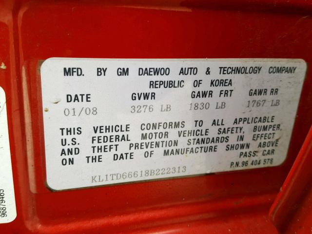 KL1TD66618B222313 - 2008 CHEVROLET AVEO BASE Қызыл фото 10