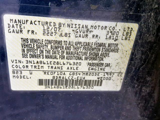 3N1AB61E28L676320 - 2008 NISSAN SENTRA 2.0 BLUE photo 10