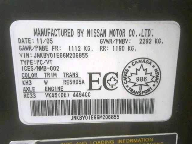 JNKBY01E66M206855 - 2006 INFINITI M45 BASE BLACK photo 10