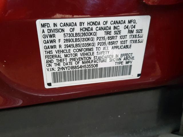 2HNYD18854H535506 - 2004 ACURA MDX TOURIN RED photo 10