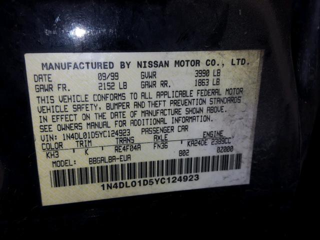 1N4DL01D5YC124923 - 2000 NISSAN ALTIMA XE BLACK photo 10