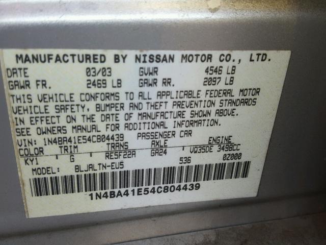 1N4BA41E54C804439 - 2004 NISSAN MAXIMA SE SILVER photo 10