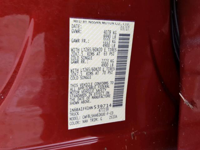 1N6BA1F41HN539714 - 2017 NISSAN TITAN XD S BURGUNDY photo 10