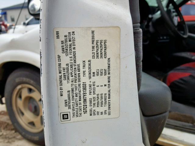 1GTCS19W7Y8138331 - 2000 GMC SONOMA WHITE photo 10