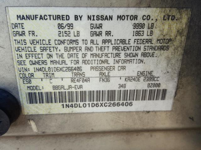 1N4DL01D6XC266406 - 1999 NISSAN ALTIMA XE BEIGE photo 10