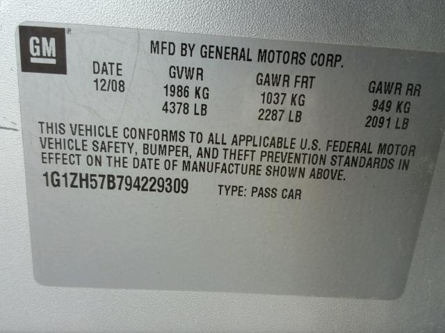 1G1ZH57B794229309 - 2009 CHEVROLET MALIBU 1LT SILVER photo 10