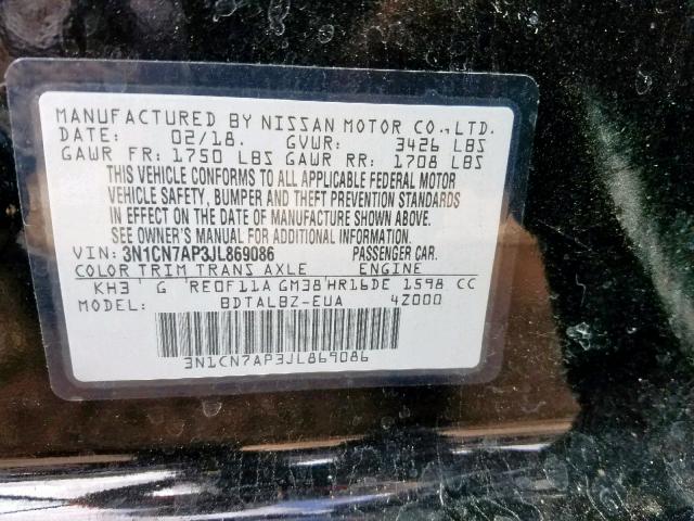 3N1CN7AP3JL869086 - 2018 NISSAN VERSA S BLACK photo 10