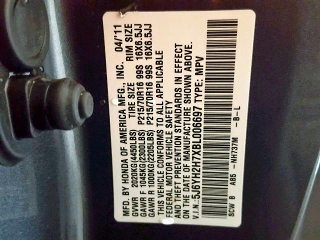 5J6YH2H7XBL006697 - 2011 HONDA ELEMENT EX CHARCOAL photo 10