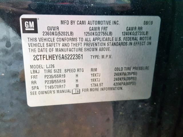 2CTFLHEY6A6222361 - 2010 GMC TERRAIN SL BLACK photo 10