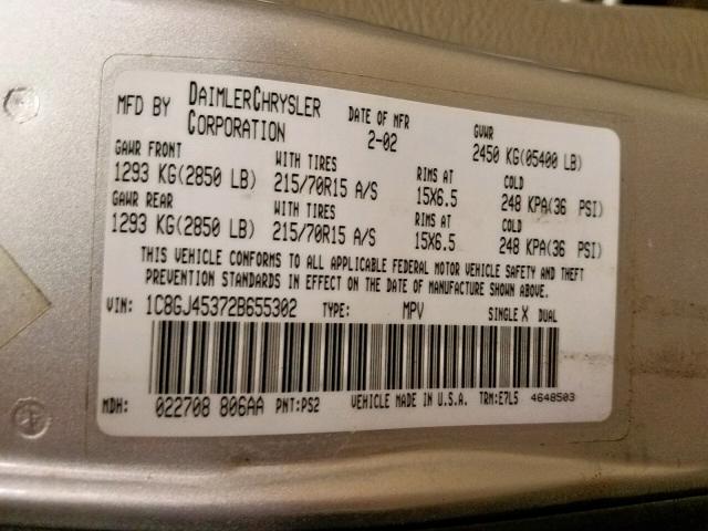 1C8GJ45372B655302 - 2002 CHRYSLER VOYAGER LX SILVER photo 10