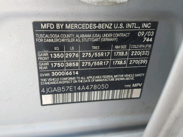 4JGAB57E14A478050 - 2004 MERCEDES-BENZ ML 350 SILVER photo 10