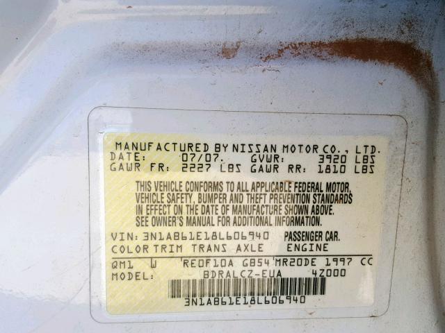 3N1AB61E18L606940 - 2008 NISSAN SENTRA 2.0 WHITE photo 10