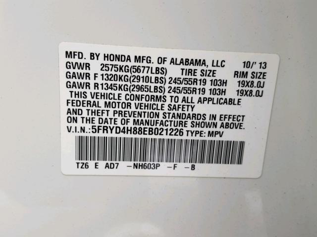 5FRYD4H88EB021226 - 2014 ACURA MDX ADVANC WHITE photo 10