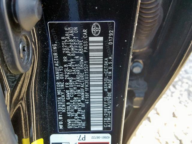 4T1BF1FK3EU315571 - 2014 TOYOTA CAMRY L 黑色 照片 10