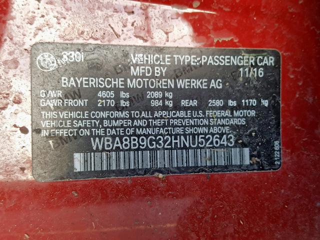 WBA8B9G32HNU52643 - 2017 BMW 330 I RED photo 10