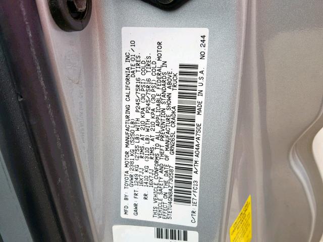 5TETU4GN8AZ730587 - 2010 TOYOTA TACOMA PRE SILVER photo 10