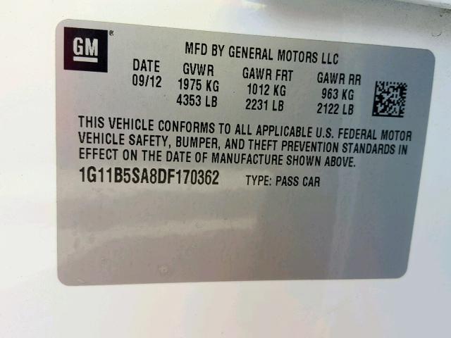 1G11B5SA8DF170362 - 2013 CHEVROLET MALIBU LS თეთრი ფოტო 10