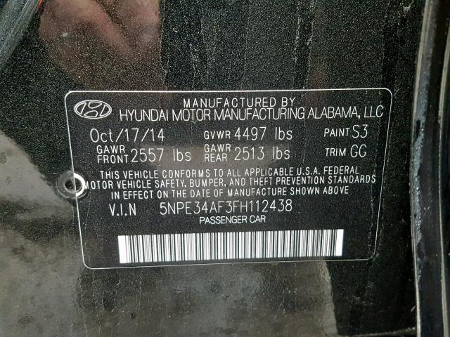 5NPE34AF3FH112438 - 2015 HYUNDAI SONATA SPO BLACK photo 10