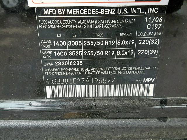 4JGBB86E27A196527 - 2007 MERCEDES-BENZ ML 350 BLACK photo 10