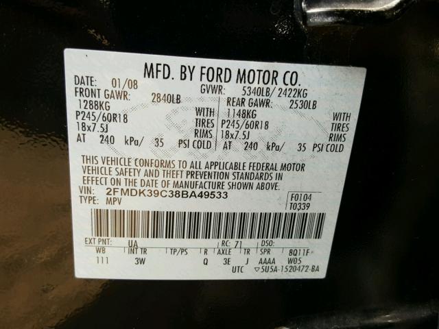 2FMDK39C38BA49533 - 2008 FORD EDGE LIMIT BLACK photo 10