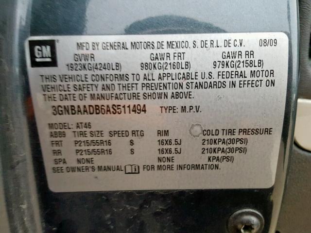 3GNBAADB6AS511494 - 2010 CHEVROLET HHR LS Gris foto 10