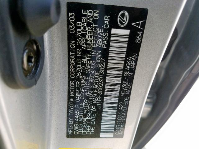 JTHBF30G230138227 - 2003 LEXUS ES 300 SILVER photo 10