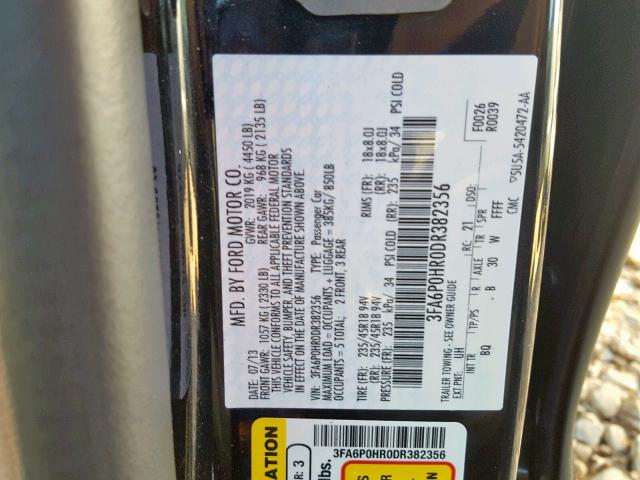 3FA6P0HR0DR382356 - 2013 FORD FUSION SE BLACK photo 10