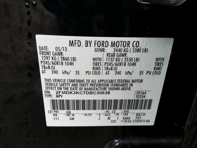 2FMDK3KC7DBC30638 - 2013 FORD EDGE LIMIT BLACK photo 10