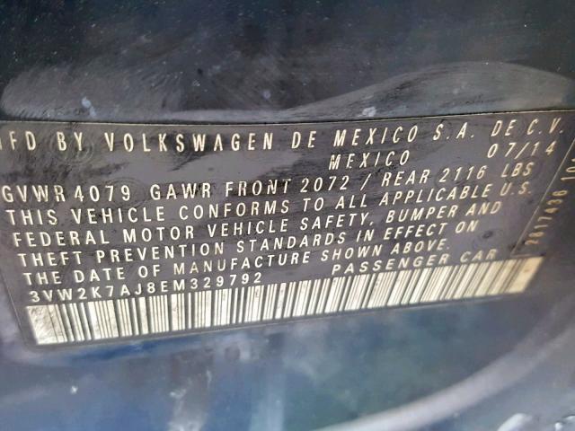 3VW2K7AJ8EM329792 - 2014 VOLKSWAGEN JETTA BASE 蓝色 照片 10