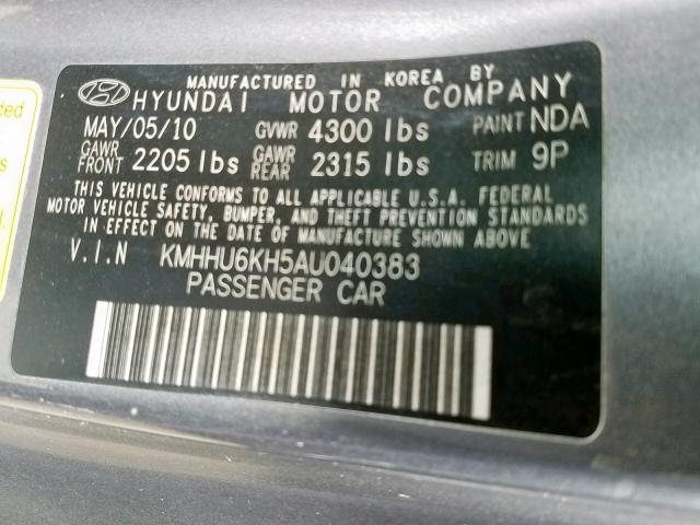 KMHHU6KH5AU040383 - 2010 HYUNDAI GENESIS CO GRAY photo 10