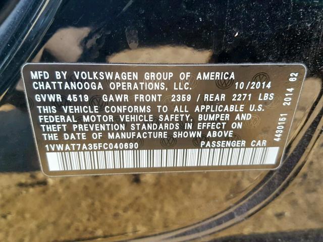 1VWAT7A35FC040690 - 2015 VOLKSWAGEN PASSAT S BLACK photo 10