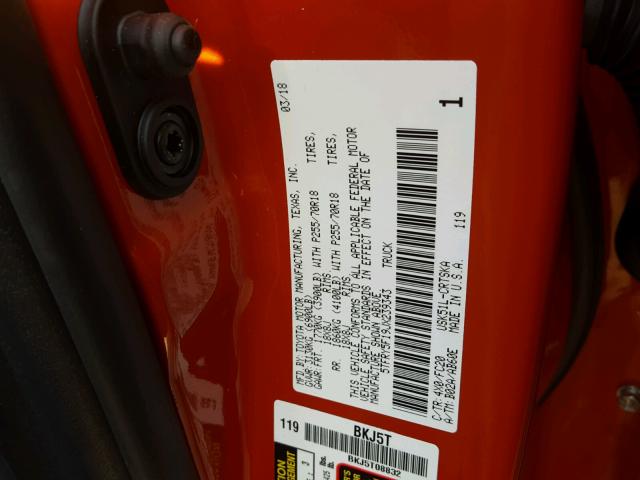 5TFRY5F19JX239343 - 2018 TOYOTA TUNDRA DOU ORANGE photo 10