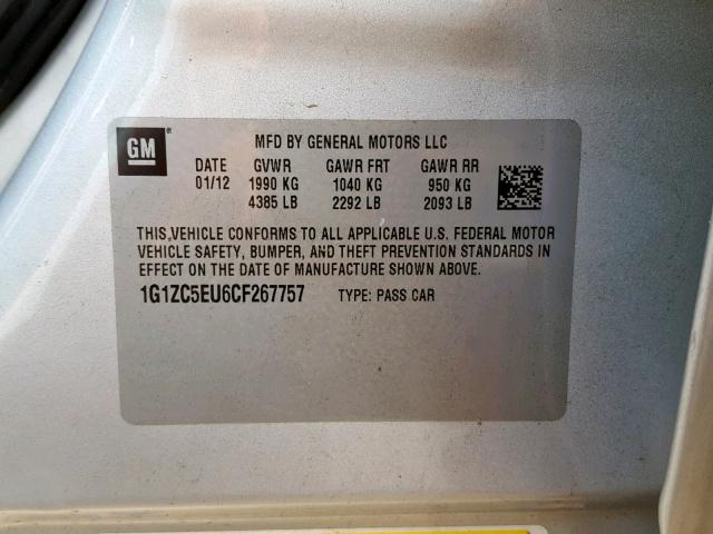 1G1ZC5EU6CF267757 - 2012 CHEVROLET MALIBU 1LT SILVER photo 10