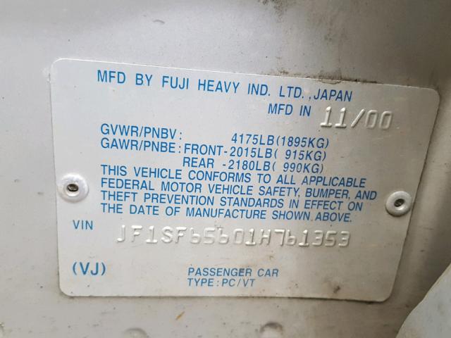 JF1SF65601H761353 - 2001 SUBARU FORESTER S SILVER photo 10