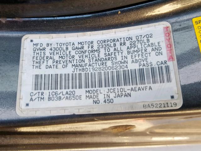 JTHBD192820062304 - 2002 LEXUS IS 300 CHARCOAL photo 10