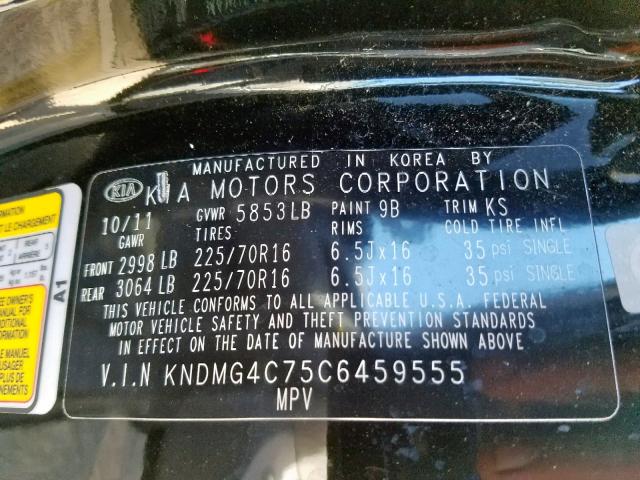 KNDMG4C75C6459555 - 2012 KIA SEDONA LX BLACK photo 10