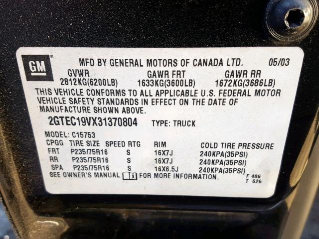 2GTEC19VX31370804 - 2003 GMC NEW SIERRA BLACK photo 10