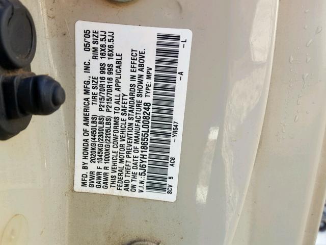 5J6YH18655L008248 - 2005 HONDA ELEMENT EX BEIGE photo 10