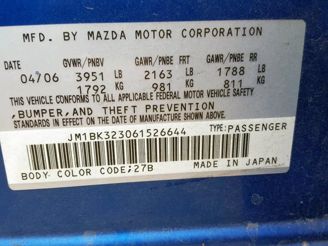 JM1BK323061526644 - 2006 MAZDA 3 S BLUE photo 10