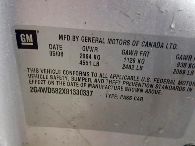 2G4WD582X81330337 - 2008 BUICK LACROSSE C SILVER photo 10
