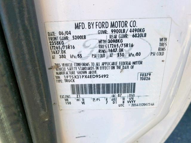 1FTSX31PX4ED95492 - 2004 FORD F350 SRW S WHITE photo 10