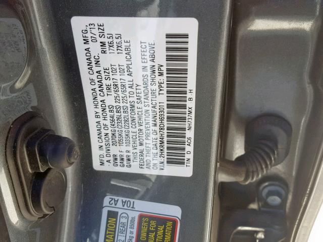 2HKRM4H78DH693011 - 2013 HONDA CR-V EXL SILVER photo 10