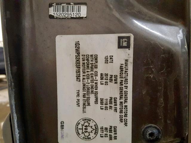 1G2WP52K83F157847 - 2003 PONTIAC GRAND PRIX CHARCOAL photo 10