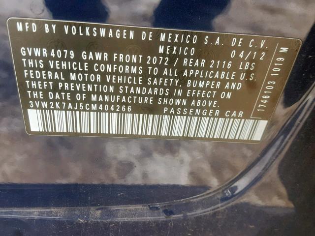 3VW2K7AJ5CM404266 - 2012 VOLKSWAGEN JETTA BASE BLUE photo 10