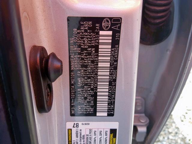 2T1KU40E39C015871 - 2009 TOYOTA COROLLA MA SILVER photo 10