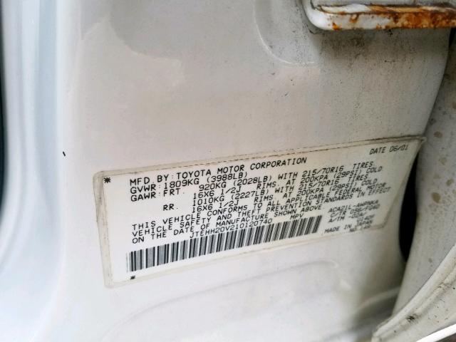 JTEHH20V210120740 - 2001 TOYOTA RAV4 WHITE photo 10