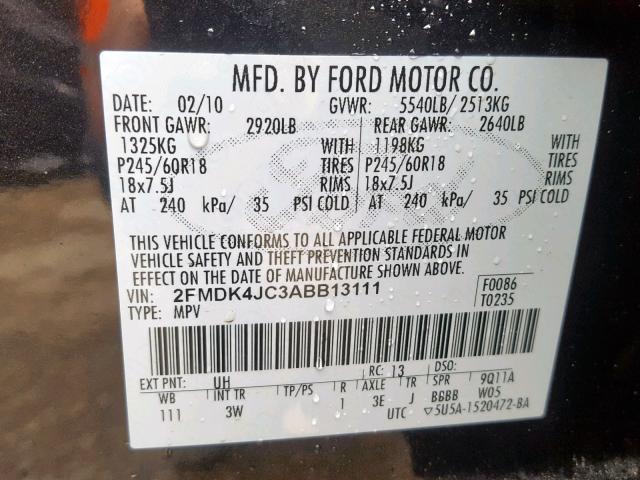 2FMDK4JC3ABB13111 - 2010 FORD EDGE SEL BLACK photo 10