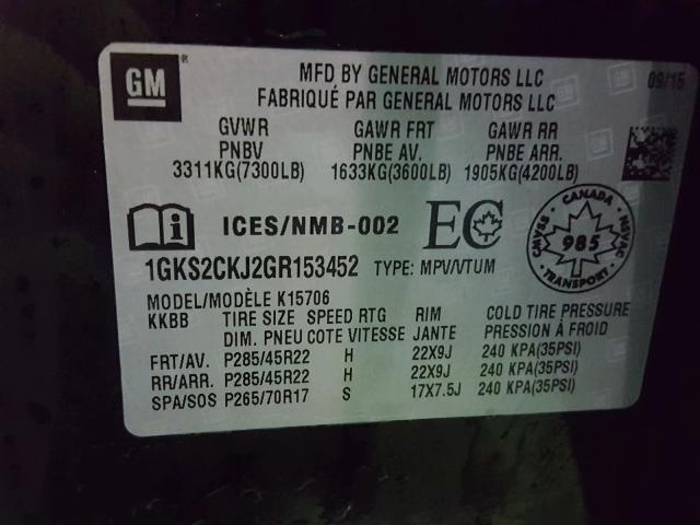 1GKS2CKJ2GR153452 - 2016 GMC YUKON DENA BLACK photo 10