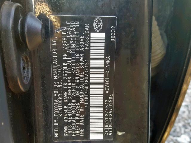 4T1BE46K78U237451 - 2008 TOYOTA CAMRY CE BLACK photo 10