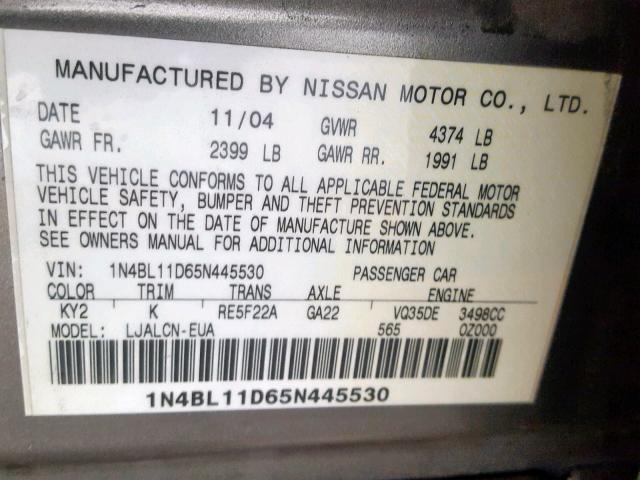 1N4BL11D65N445530 - 2005 NISSAN ALTIMA SE GOLD photo 10